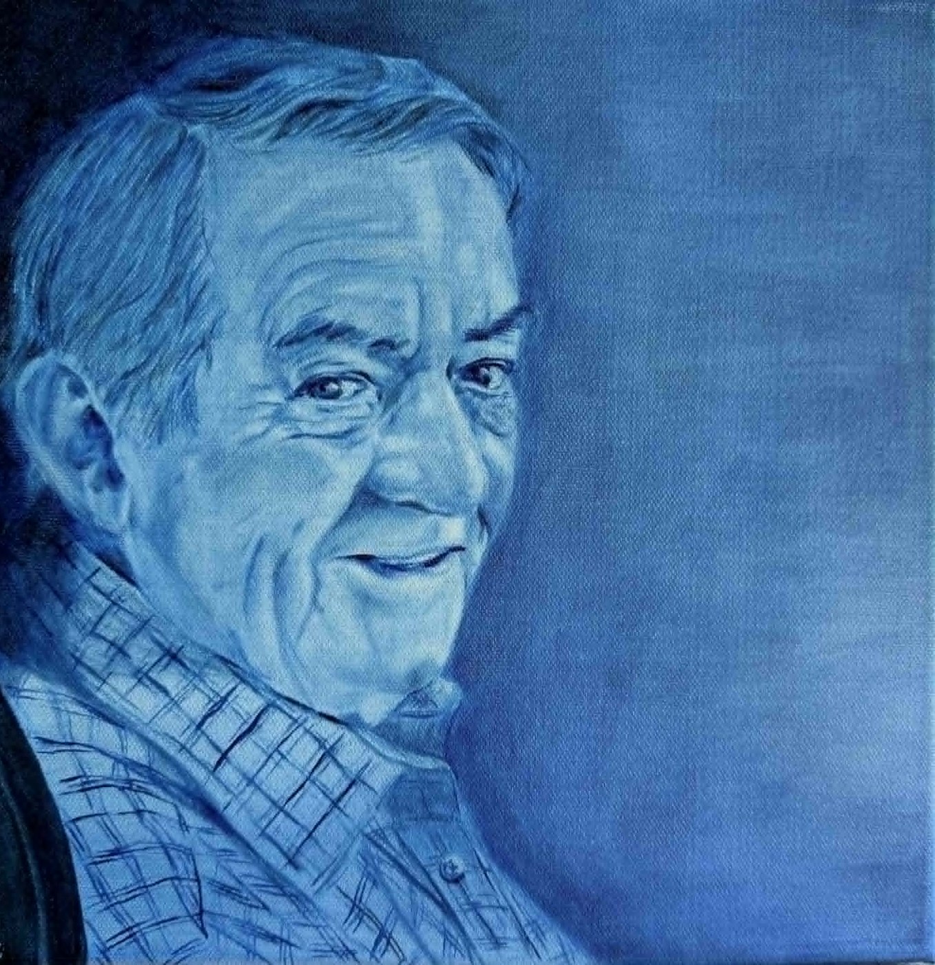 Study in Blue, oil portrait of a man in a plaid shirt rendered in blue monochrome tones