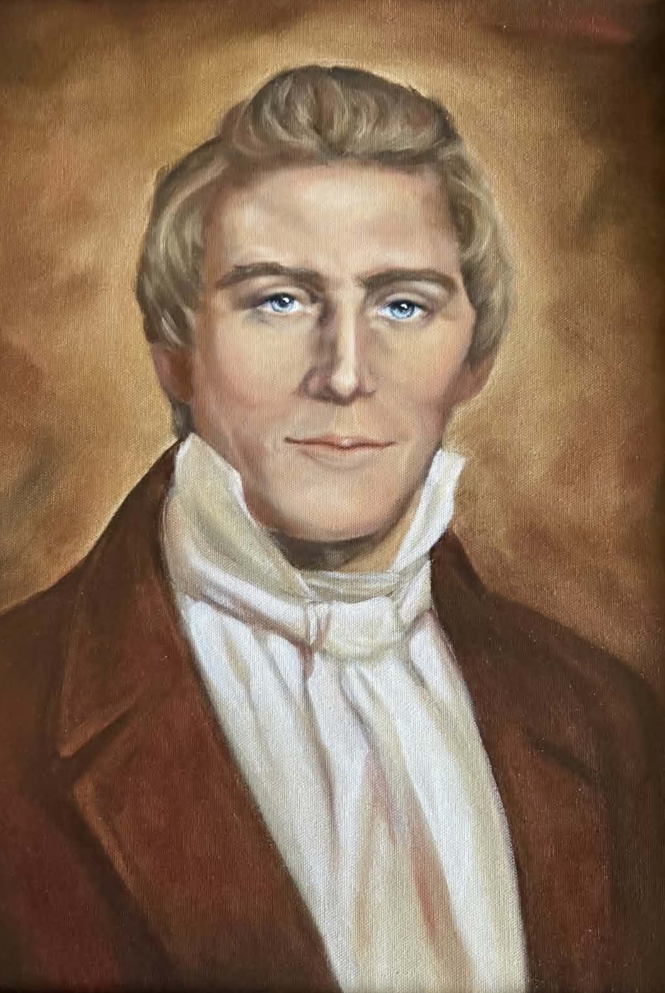 Joseph Smith, oil portrait of a fair-haired man in a brown coat and white cravat on a warm brown ground