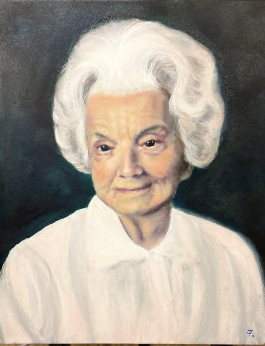 Luminous oil portrait of an elderly woman with white hair and a white blouse on a near-black ground