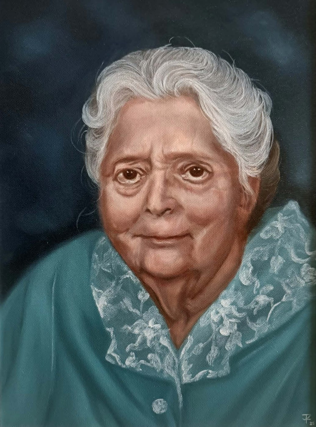In Lace, oil portrait of an elderly woman in a teal dress with a white lace collar on a dark ground