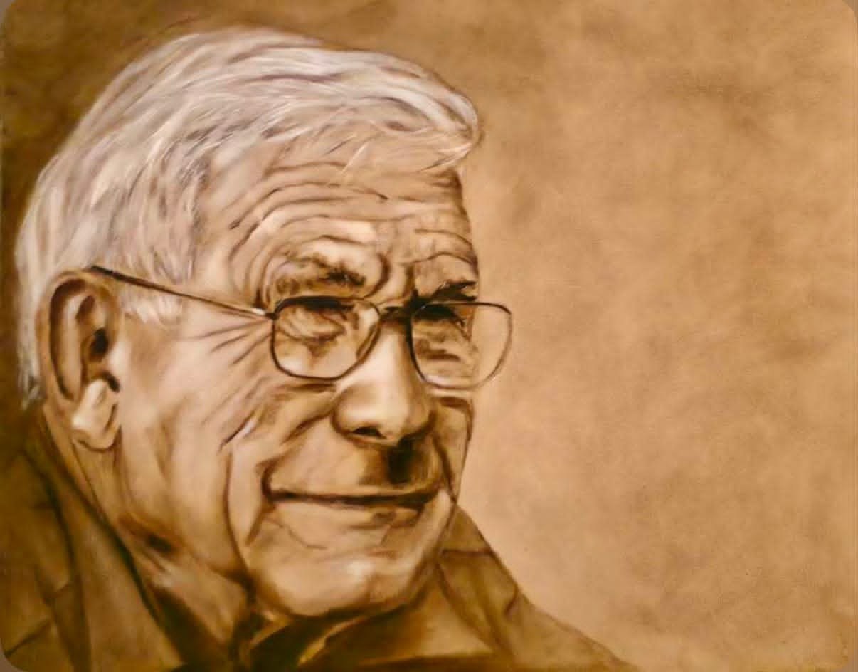 Study in Sepia, oil portrait of an older man with glasses in warm sepia and umber monochrome